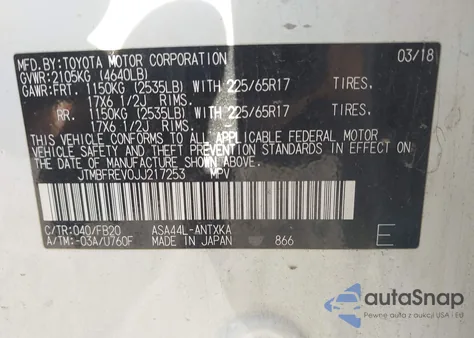 2018 Toyota Rav4 Le z USA, uszkodzony, nr VIN JTMBFREV0JJ217253